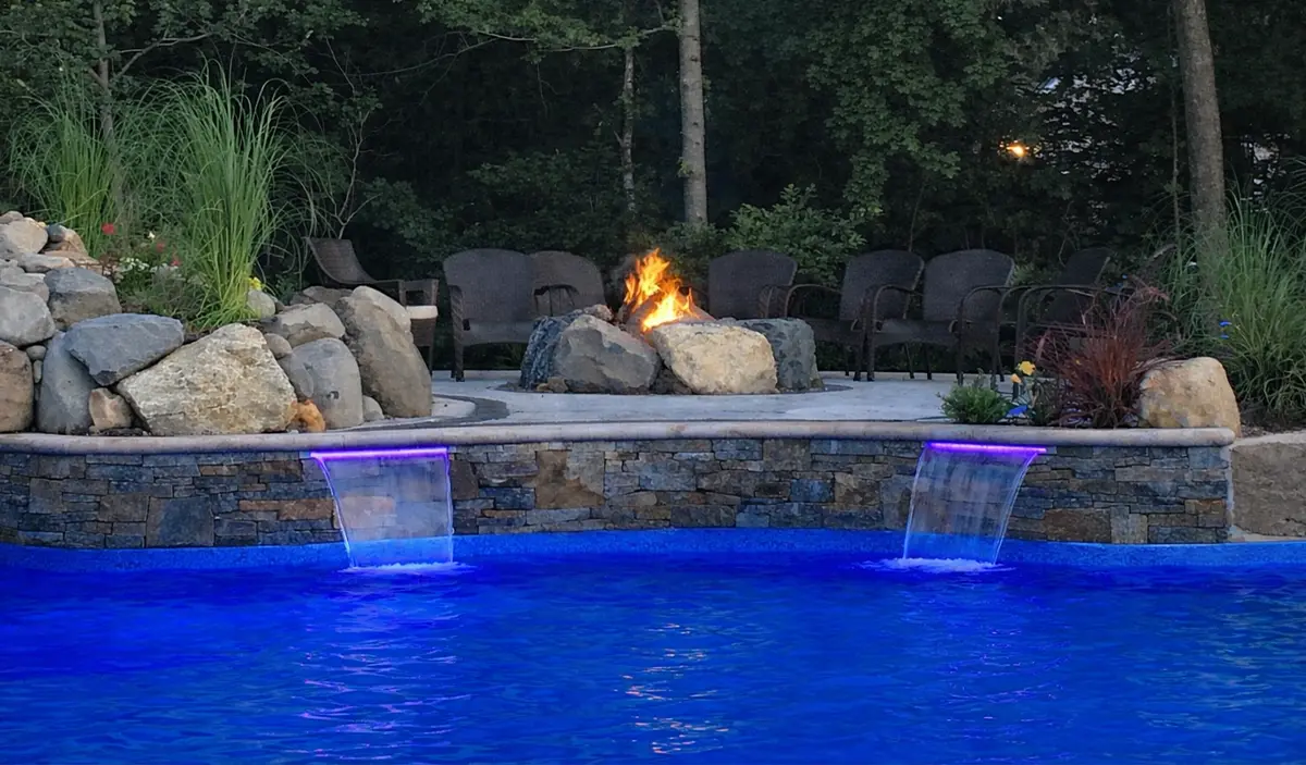 Boulder Rock Fire Pit and LED Sheer Descents