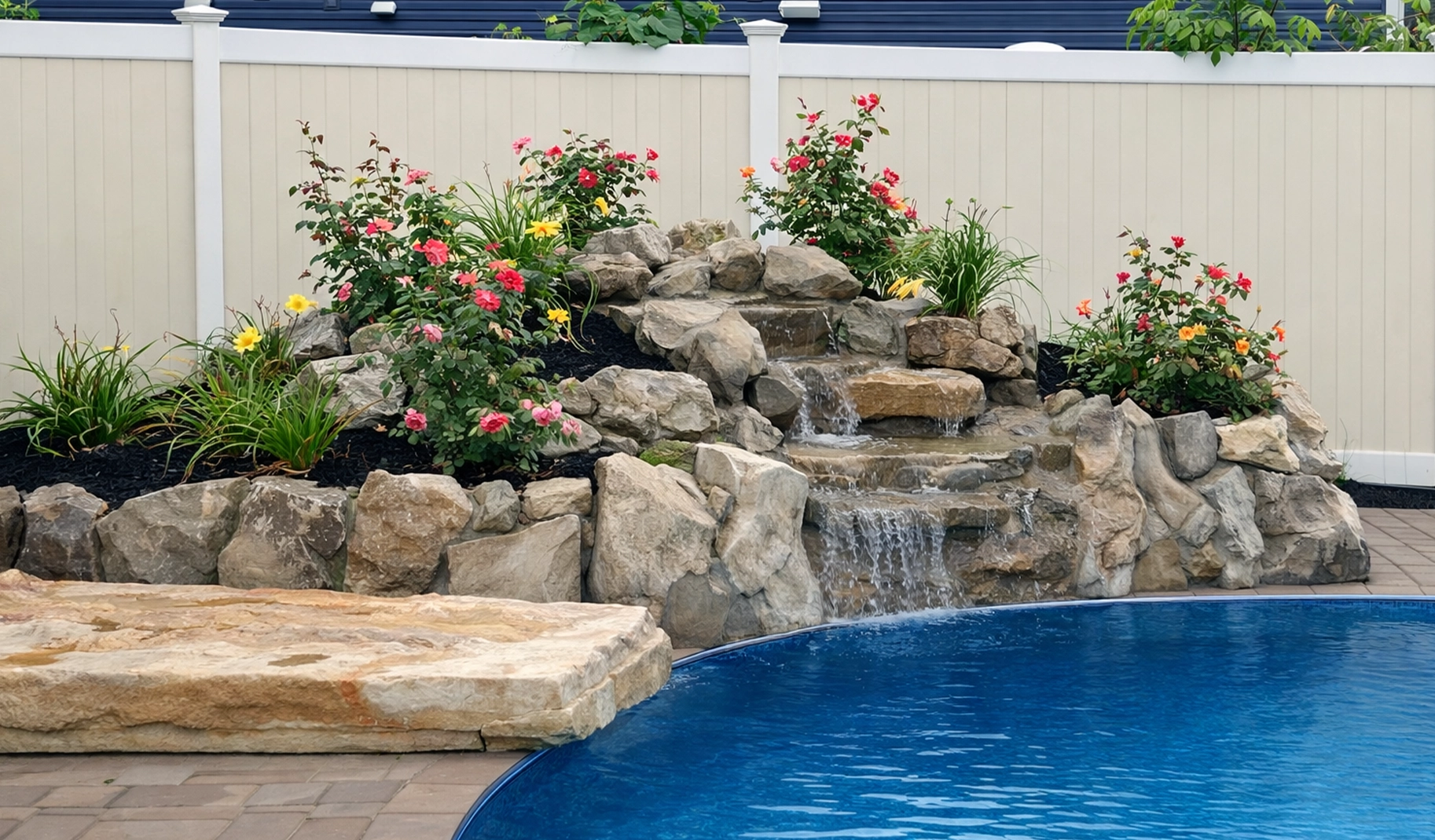 raised rock garden adjacent to pool
