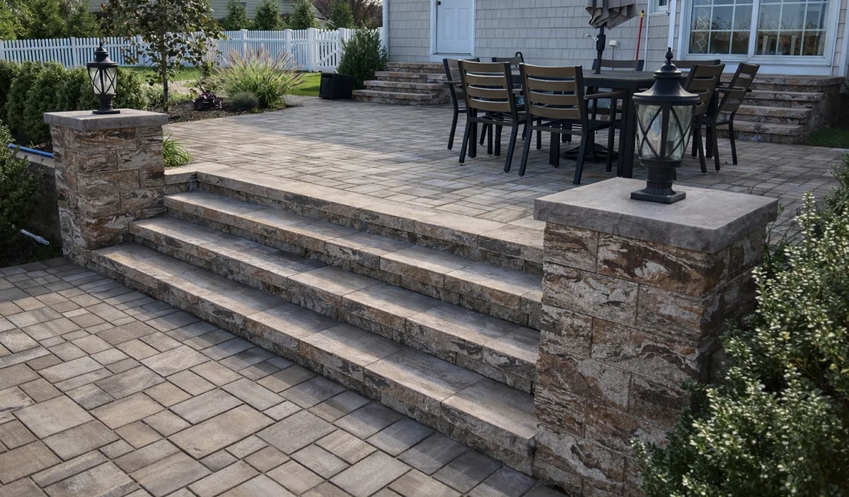 Elevated Patio with Stone Steps and Columns